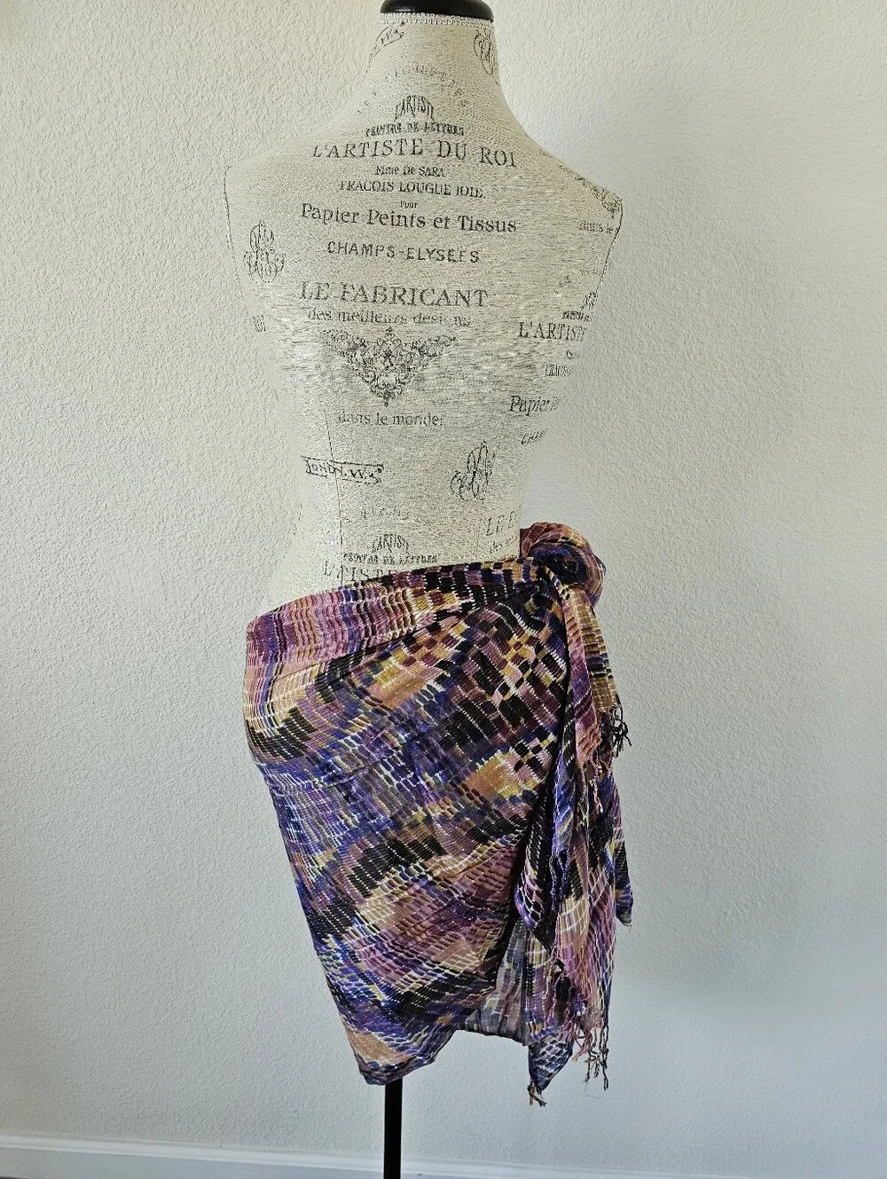 ​Liz Claiborne Abstract Ikat Plaid Wrap Scarf Purple Mustard Fringe Trim 72x28​